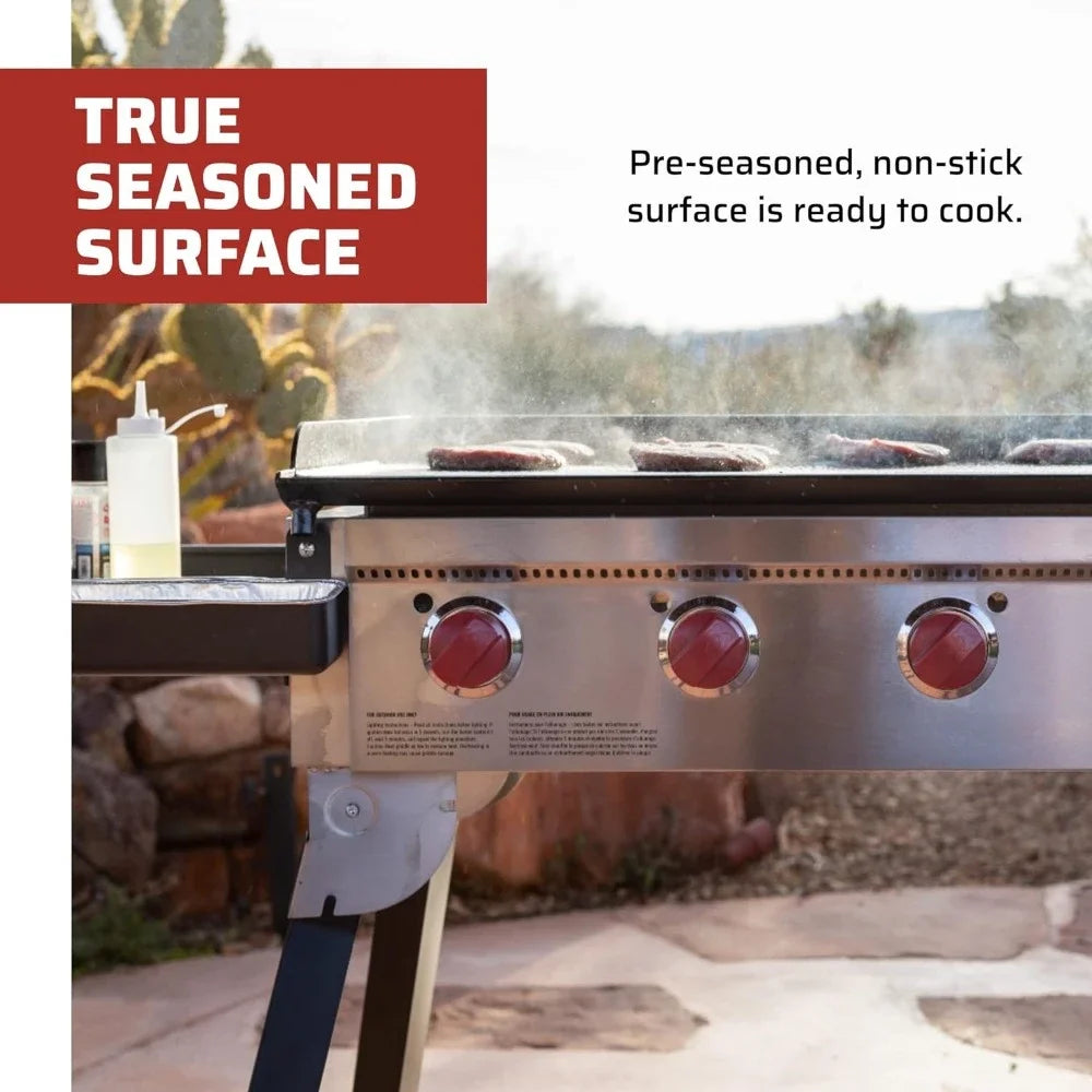 Portable Flat Top Grill 600 - Portable Outdoor Gas Grill with Griddle Grease Drain & Pre-Seasoned Surface - 604 Sq In