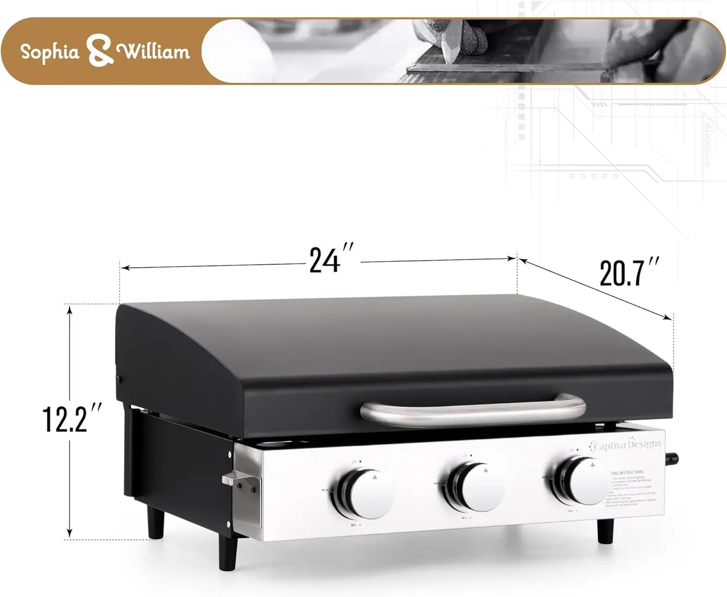 Sophia & William 27-Inch Flat Top Grill with Ceramic Coated Cast Iron Griddle, 3-Burner Propane Gas BBQ Griddle.