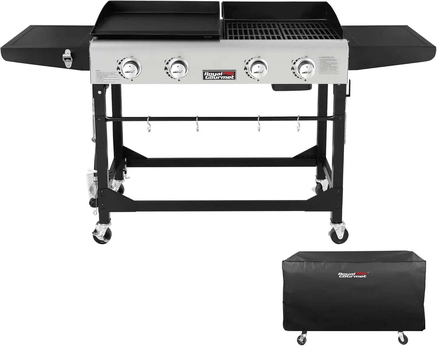 Royal Gourmet 4-Burner Portable Gas Grill and Griddle Combo with Cover, 48,000 , Propane Griddle Grill Combo for