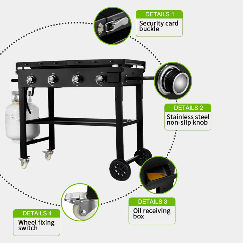 Flat Top Propane Foldable 4 Burner Propane Grill with Pre-Seasoned Griddle