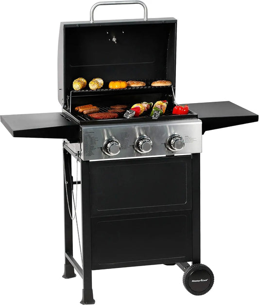 3 Burner  Propane Gas Grill, Stainless Steel 30,000 BTU Patio Garden Barbecue Grill with Two Foldable Shelves