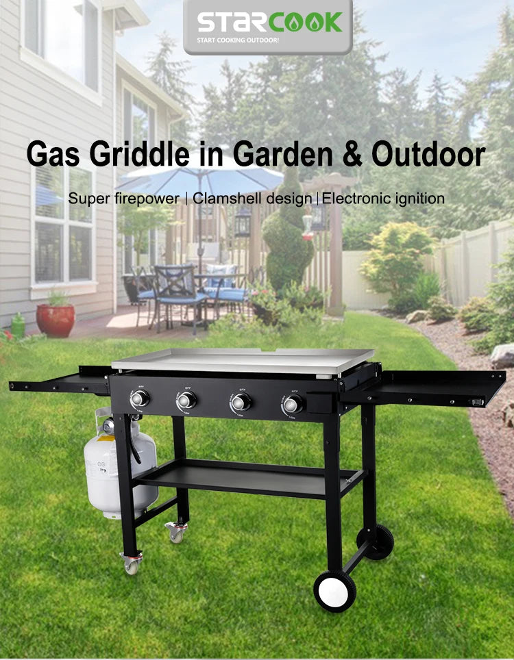 Flat Top Propane Foldable 4 Burner Propane Grill with Pre-Seasoned Griddle