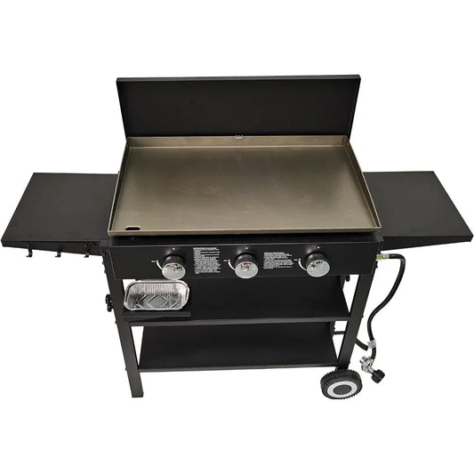 Outdoor Griddle Grill Propane Gas Flat Top - Hood Included, 4 Shelves, Disposable Grease Cups, 36,000 BTU's, Large Cooking Area