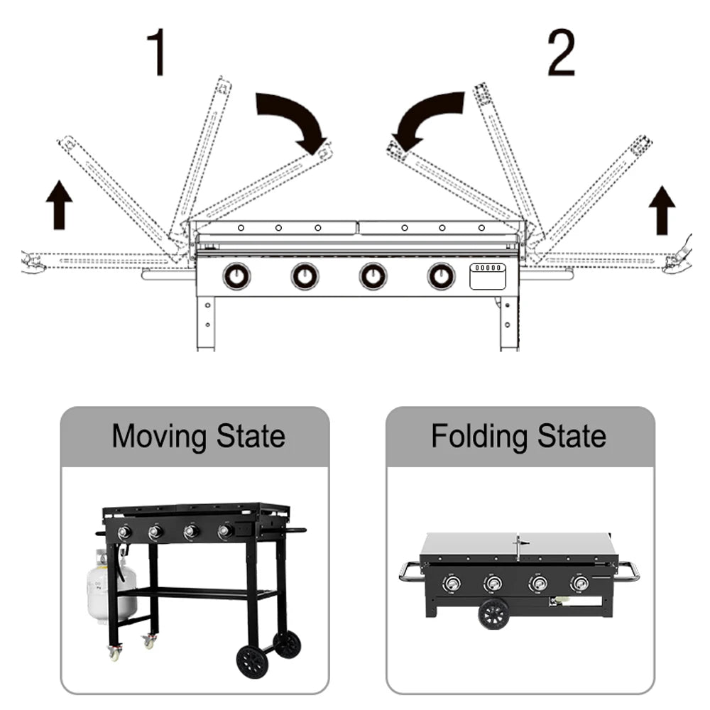 Flat Top Propane Foldable 4 Burner Propane Grill with Pre-Seasoned Griddle