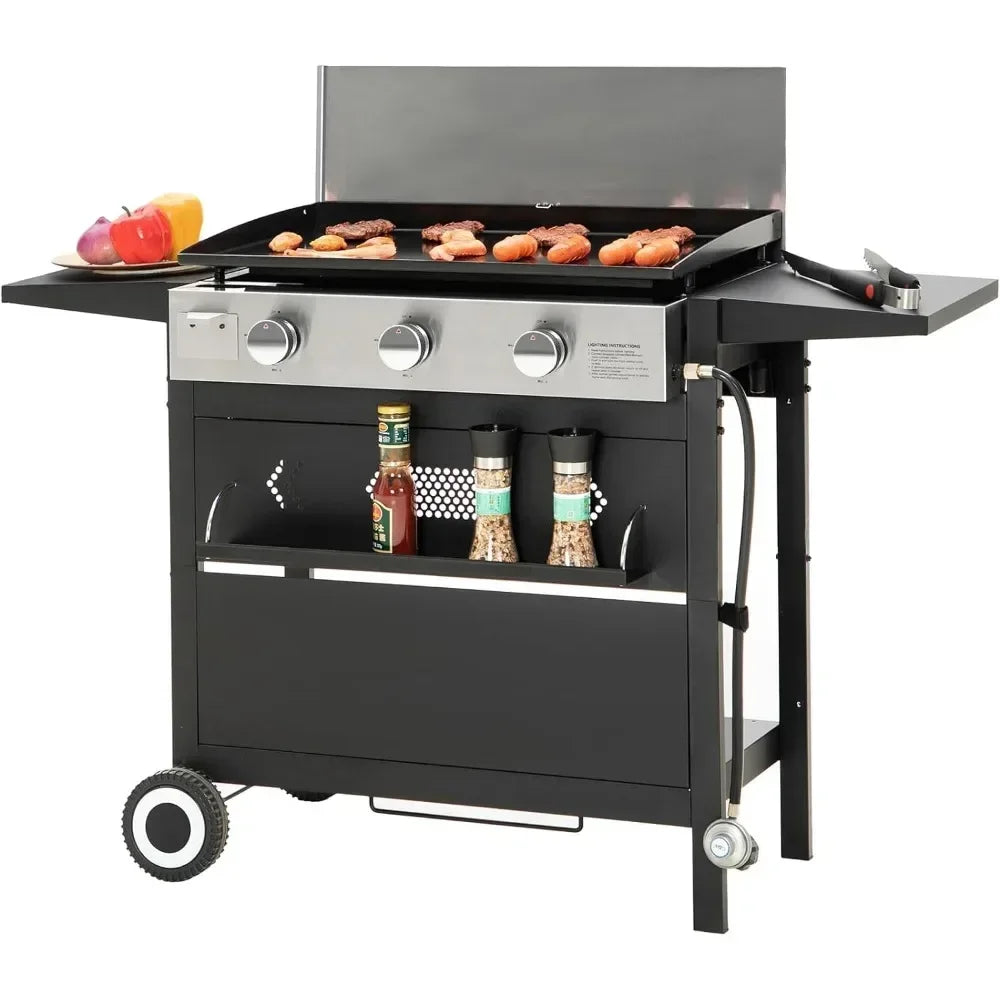 36-Inch Flat Top Grill with Ceramic Coated Cast Iron Griddle, 3-Burner Propane Gas BBQ Griddle, Portable Outdoor Barbecue Grill