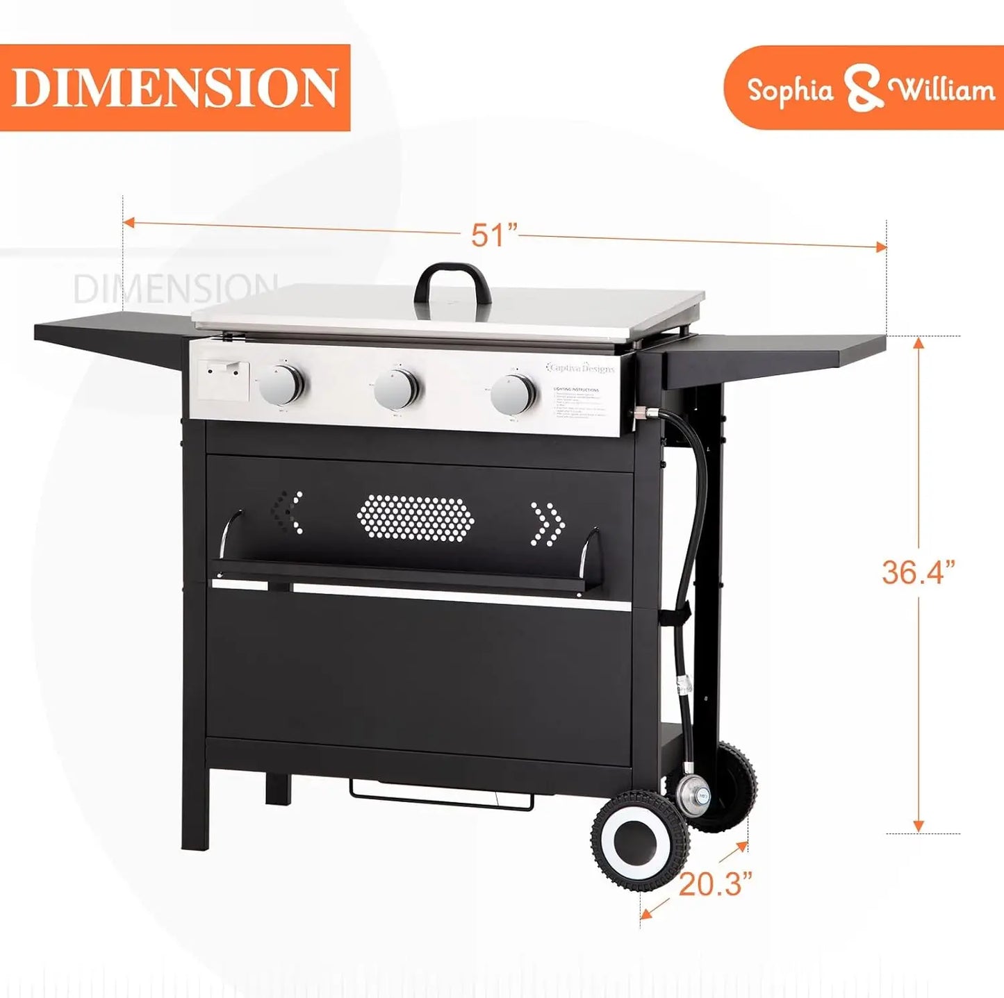 Sophia & William 27-Inch Flat Top Grill with Ceramic Coated Cast Iron Griddle, 3-Burner Propane Gas BBQ Griddle.