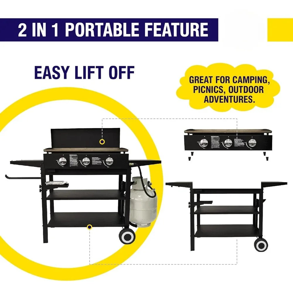 Outdoor Griddle Grill Propane Gas Flat Top - Hood Included, 4 Shelves, Disposable Grease Cups, 36,000 BTU's, Large Cooking Area