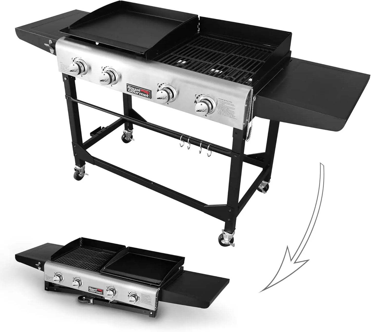 Royal Gourmet 4-Burner Portable Gas Grill and Griddle Combo with Cover, 48,000 , Propane Griddle Grill Combo for