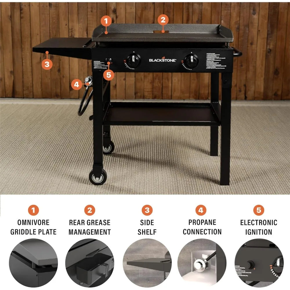 Flat Top Gas Grill Griddle 2 Burner Propane Fuelled Rear Grease Management System, 1517, Outdoor Griddle Station for Camping