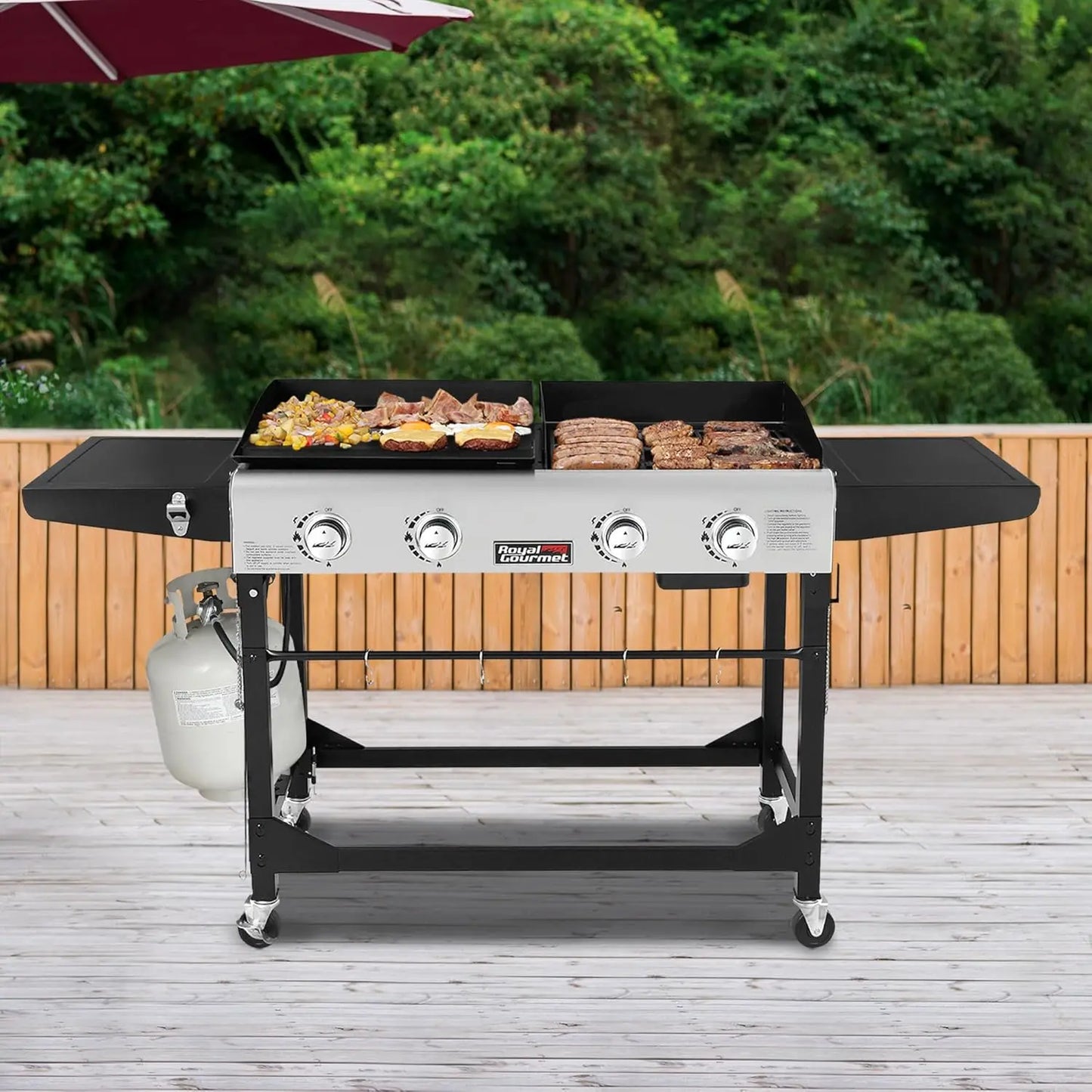 Royal Gourmet 4-Burner Portable Gas Grill and Griddle Combo with Cover, 48,000 , Propane Griddle Grill Combo for