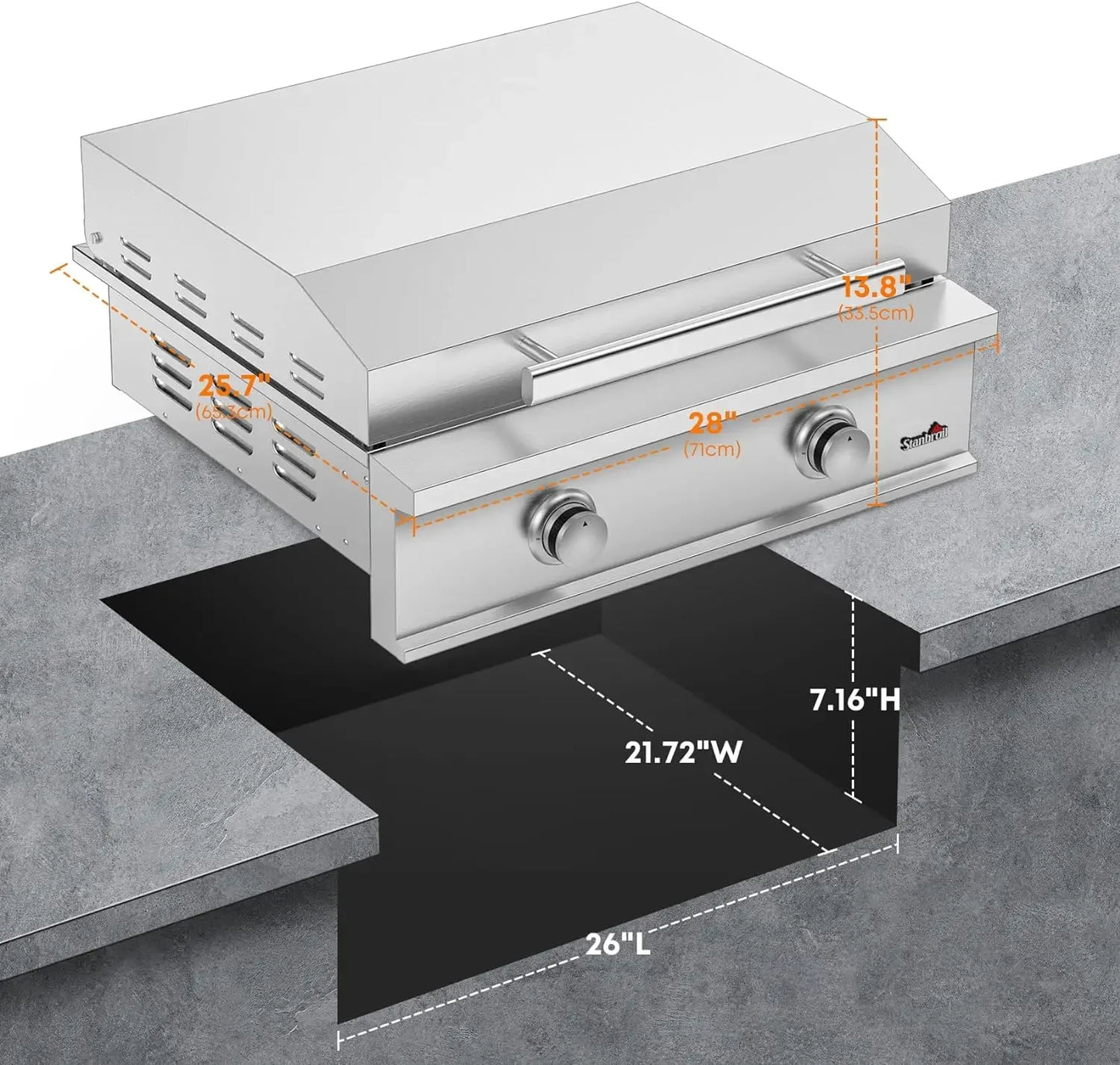 28-Inch Premium Built-In Liquid Propane Griddle for Outdoor Kitchen Grill Durable Stainless Steel 2-Burner Flat Top Grill