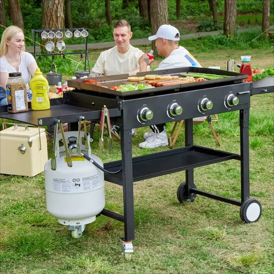 Flat Top Propane Foldable 4 Burner Propane Grill with Pre-Seasoned Griddle