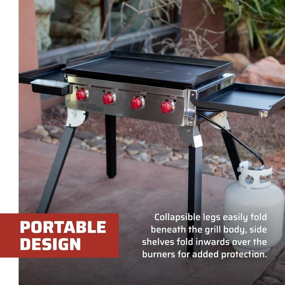 Portable Flat Top Grill 600 - Portable Outdoor Gas Grill with Griddle Grease Drain & Pre-Seasoned Surface - 604 Sq In