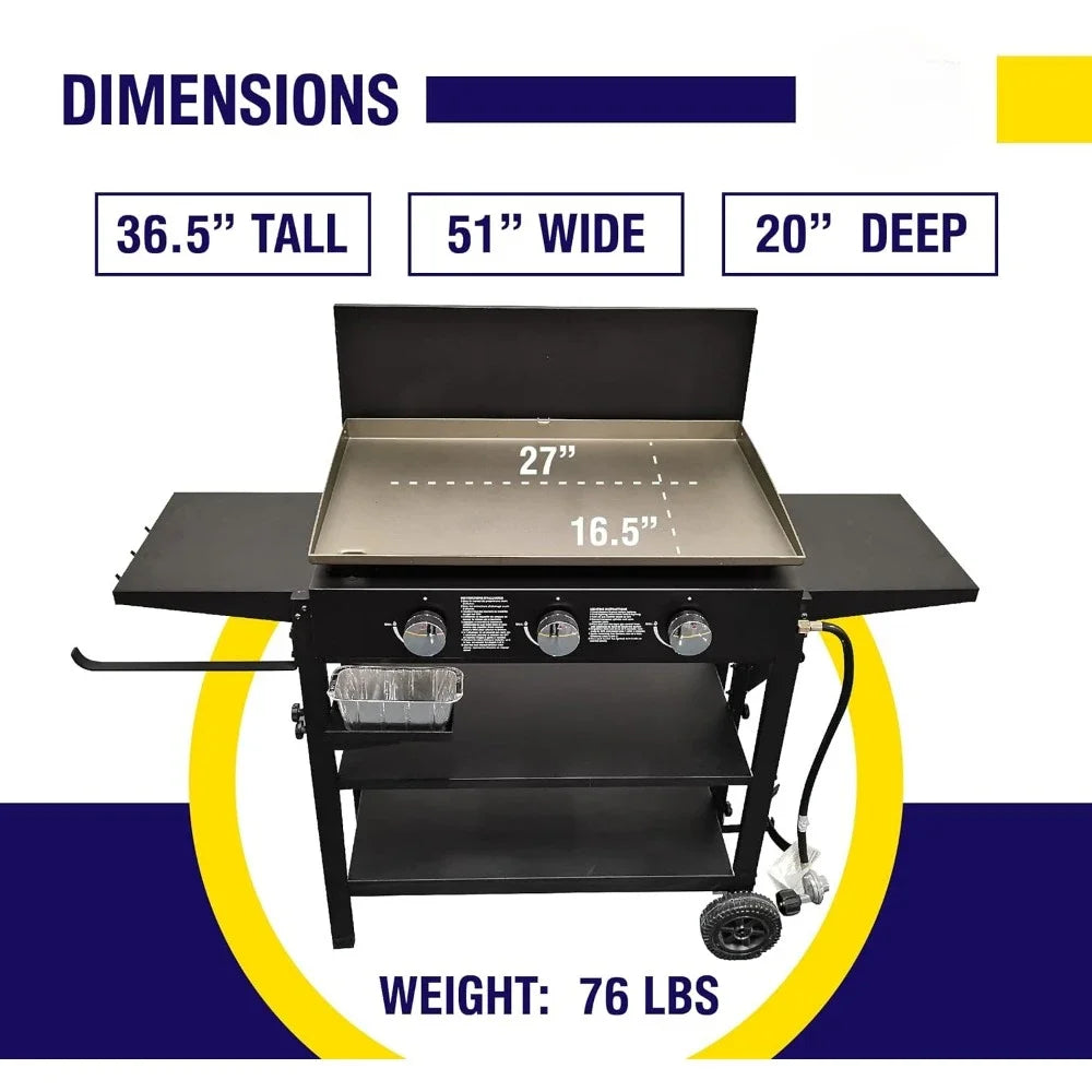 Outdoor Griddle Grill Propane Gas Flat Top - Hood Included, 4 Shelves, Disposable Grease Cups, 36,000 BTU's, Large Cooking Area