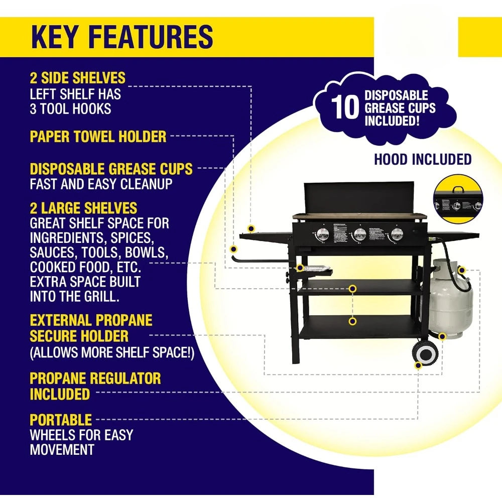 Outdoor Griddle Grill Propane Gas Flat Top - Hood Included, 4 Shelves, Disposable Grease Cups, 36,000 BTU's, Large Cooking Area