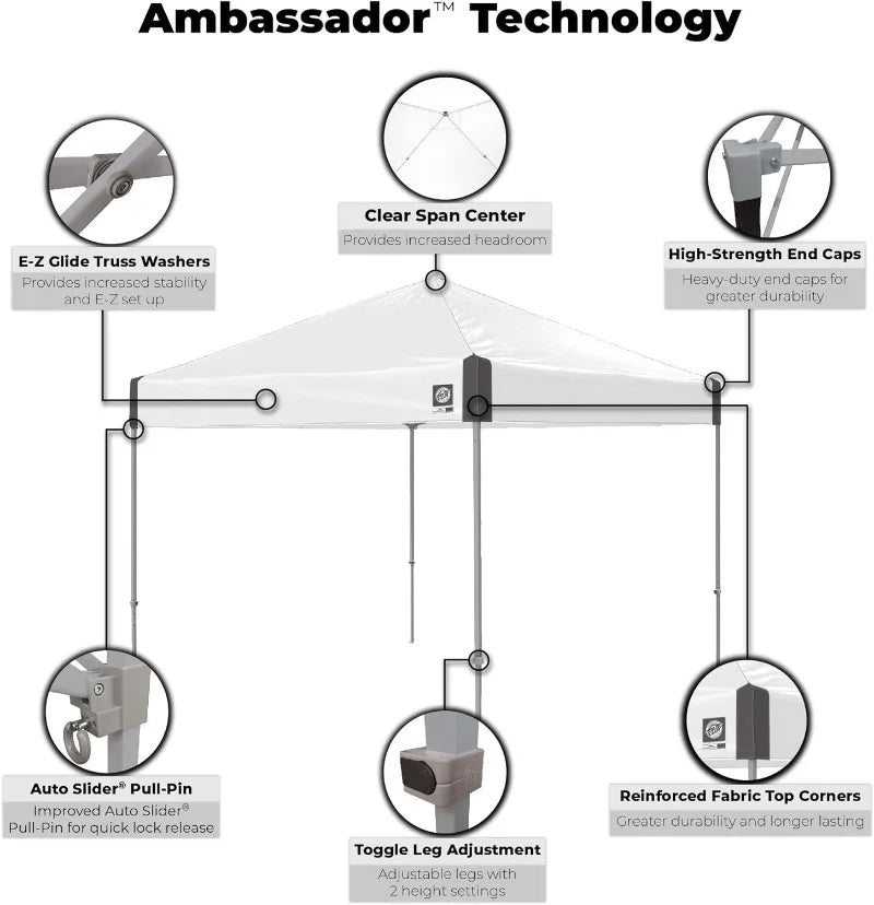 E-Z UP Ambassador Instant Shelter Canopy, 10' x 10', Roller Bag and 4 Piece Spike Set, Steel Gray or White