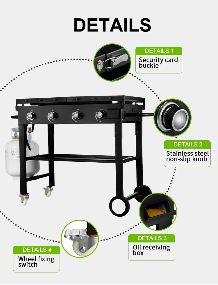 Flat Top Propane Foldable 4 Burner Propane Grill with Pre-Seasoned Griddle