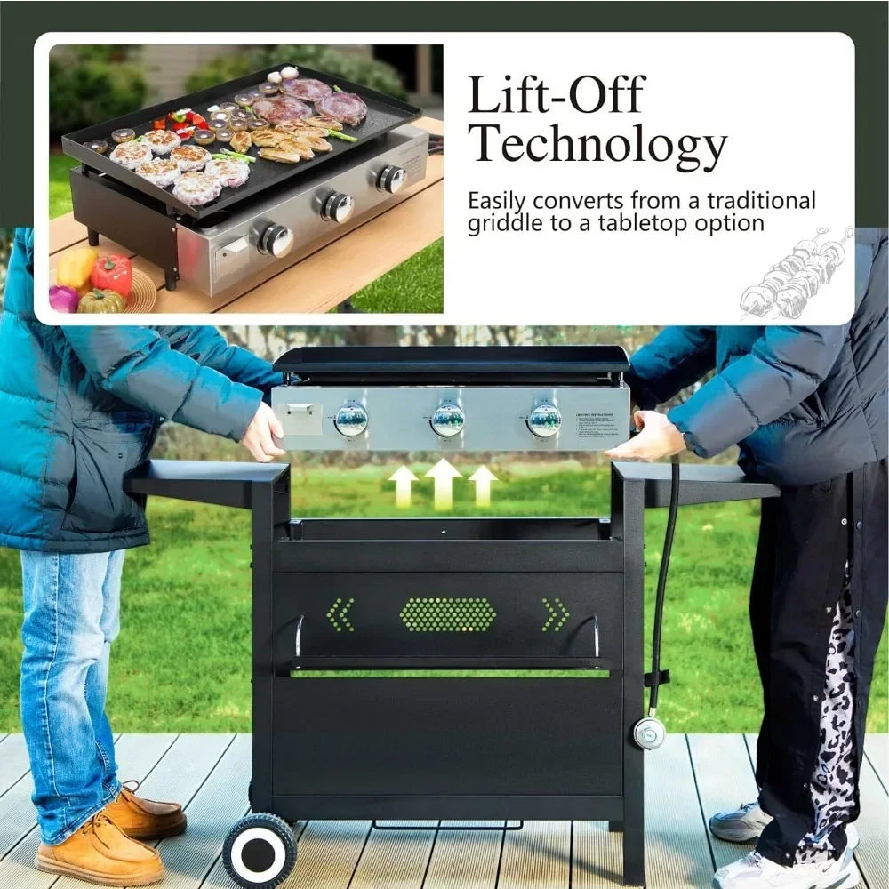 36-Inch Flat Top Grill with Ceramic Coated Cast Iron Griddle, 3-Burner Propane Gas BBQ Griddle, Portable Outdoor Barbecue Grill