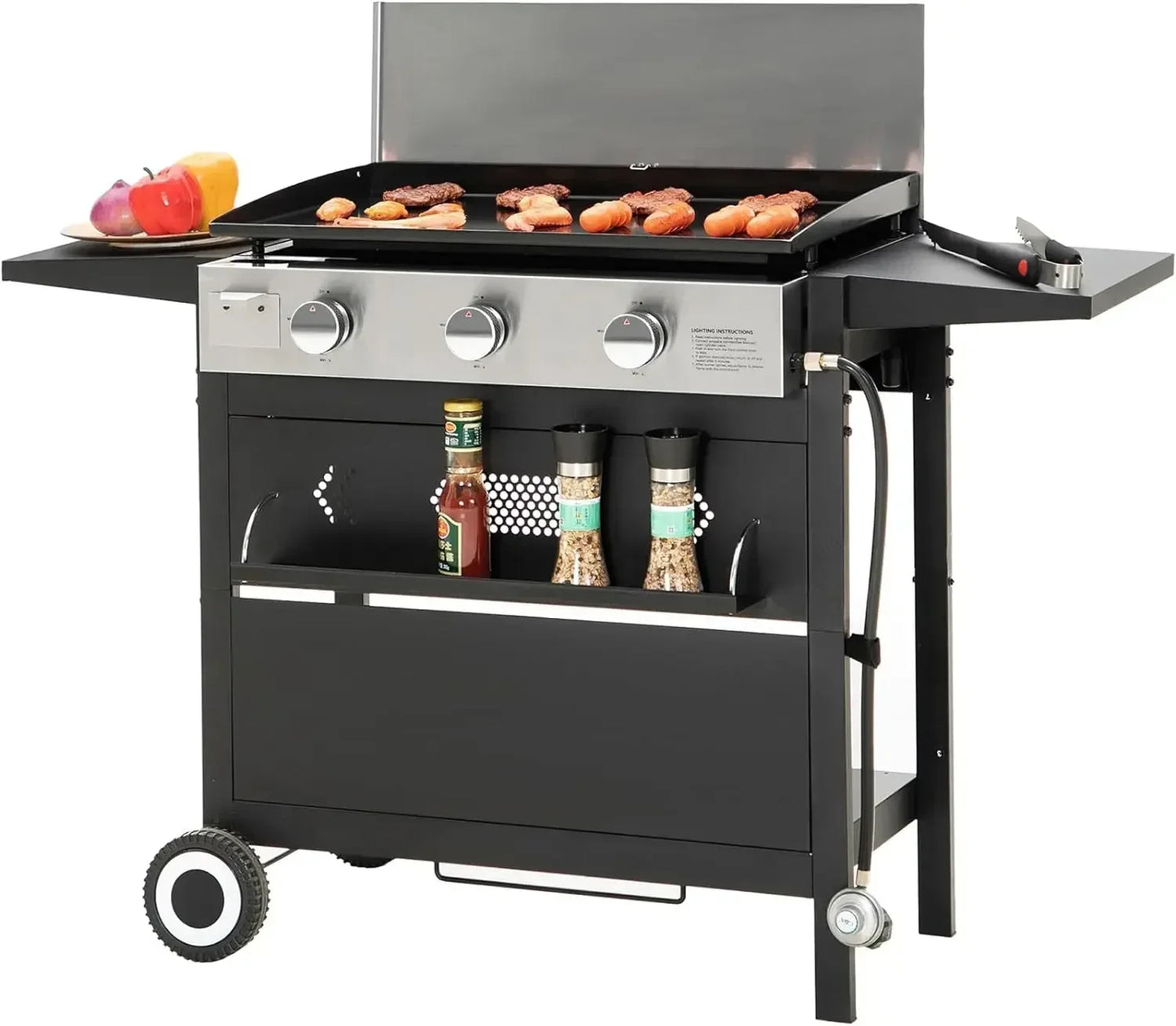 36-Inch Flat Top Grill with Ceramic Coated Cast Iron Griddle, 3-Burner Propane Gas BBQ Griddle, Portable Outdoor Barbecue Grill