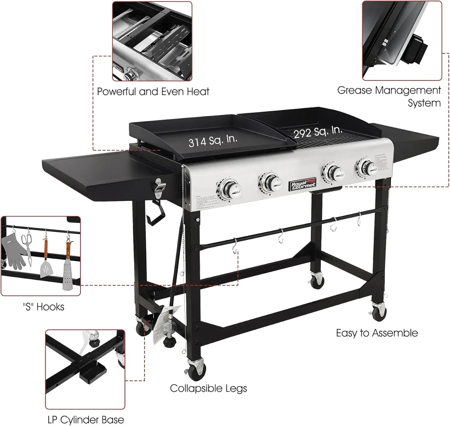 Royal Gourmet 4-Burner Portable Gas Grill and Griddle Combo with Cover, 48,000 , Propane Griddle Grill Combo for