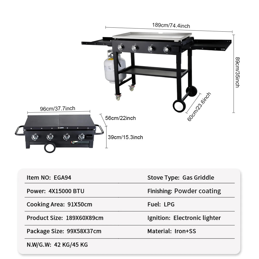 Flat Top Propane Foldable 4 Burner Propane Grill with Pre-Seasoned Griddle