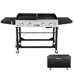 Royal Gourmet 4-Burner Portable Gas Grill and Griddle Combo with Cover, 48,000 , Propane Griddle Grill Combo for