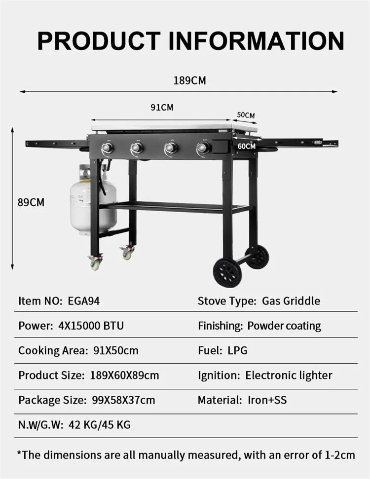 Flat Top Propane Foldable 4 Burner Propane Grill with Pre-Seasoned Griddle