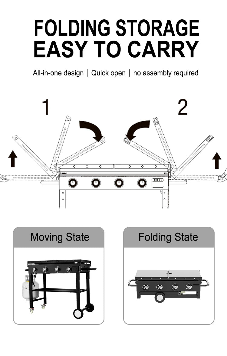 Flat Top Propane Foldable 4 Burner Propane Grill with Pre-Seasoned Griddle